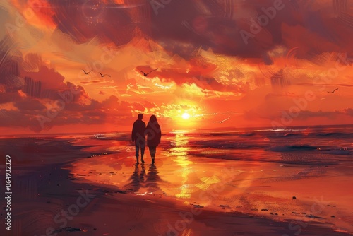Couple strolling on sandy beach as sun sets in background, A sunset on the beach with a couple walking hand in hand