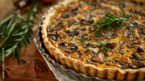 A savory quiche made with farmfresh eggs foraged mushrooms and herbs from the highland gardens. photo