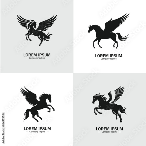 Set of Abstract Flying horse silhouette logo icons, with a white background for your company, the flying stallion and mare logo design ideas