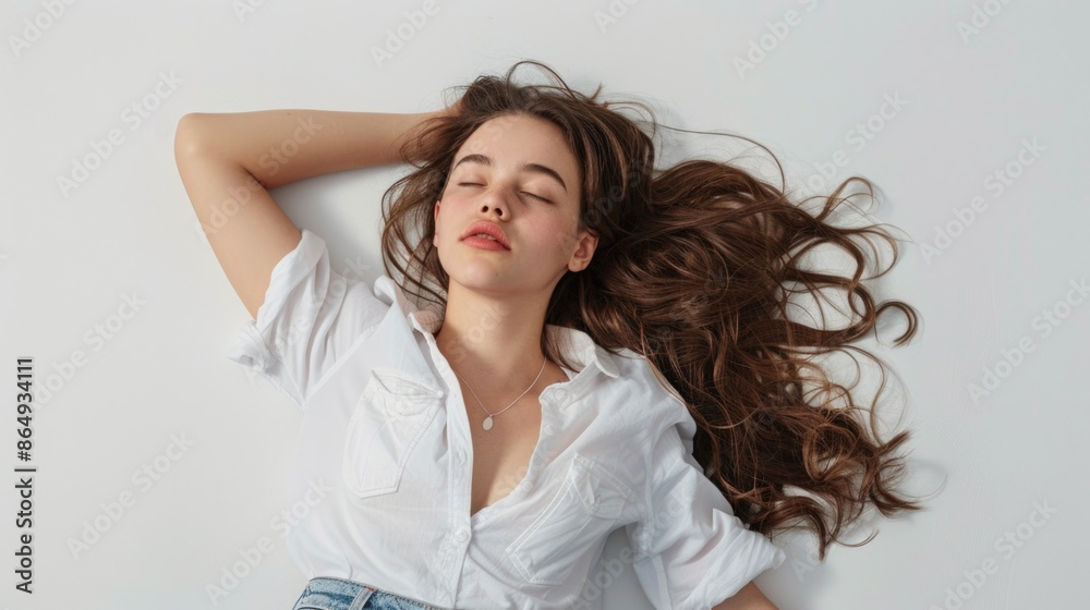 A woman is lying down with her eyes closed, suggesting rest or relaxation A woman is lying down with her eyes closed, suggesting rest or relaxation