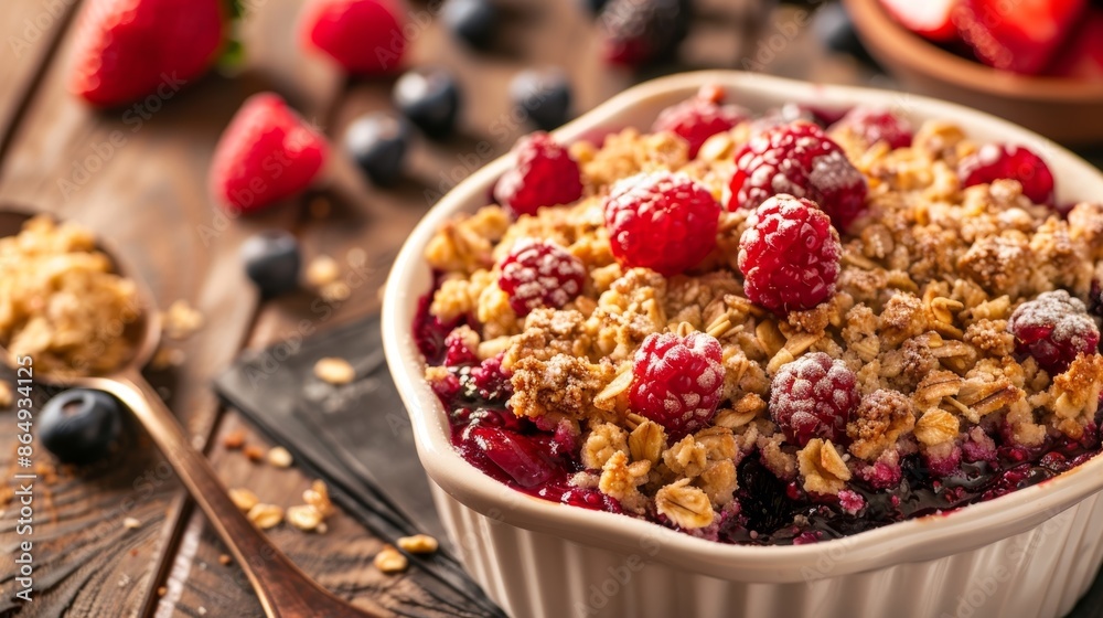 A simple yet elegant oatmeal crumble filled with juicy wild berries and topped with a crisp crumb topping. A simple yet elegant oatmeal crumble filled with juicy wild berries and topped with a crisp crumb topping.