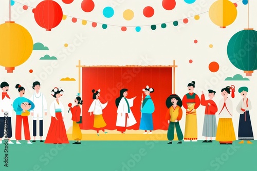 Multicultural Celebration: Diverse Cultural Performances on Minimalist 2D Stage Illustration