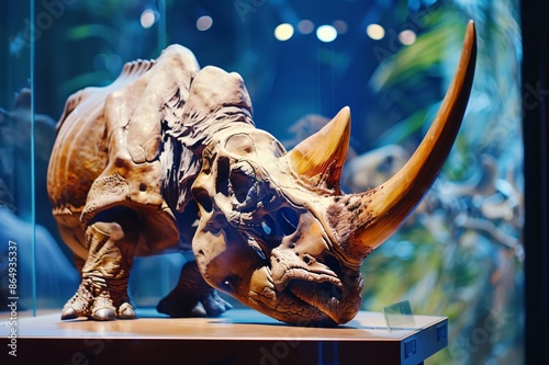 Woolly rhinoceros skeleton standing on display in museum