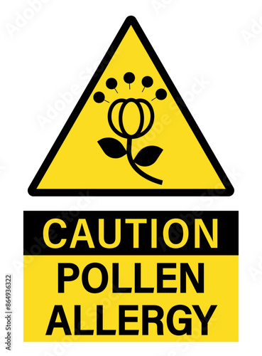Caution, pollen allergy. Yellow warning triangle sign with silhouette of a flower and pollens in the air. Text below