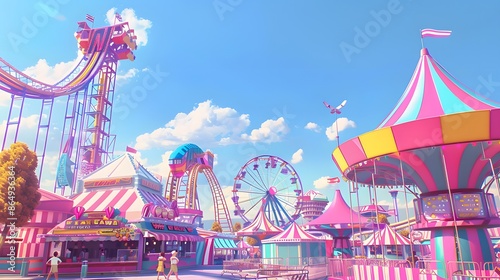 Amusement parks and festivals in light cartoon style.