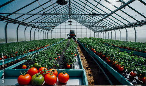 Tomato bushes with red and green tomatoes on a branch in a greenhouse. Growing and harvesting vegetables on the farm. photo