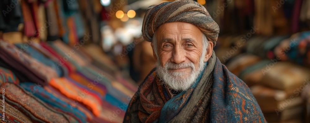 An old man surrounded by an array of beautiful textiles represents traditional craftsmanship An old man surrounded by an array of beautiful textiles represents traditional craftsmanship