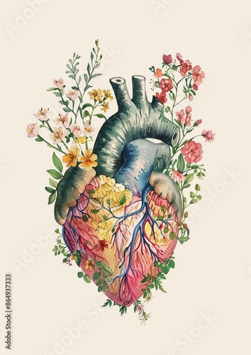 Botanical heart with plants and flowers, pastel colors, watercolor style, isolated on light background