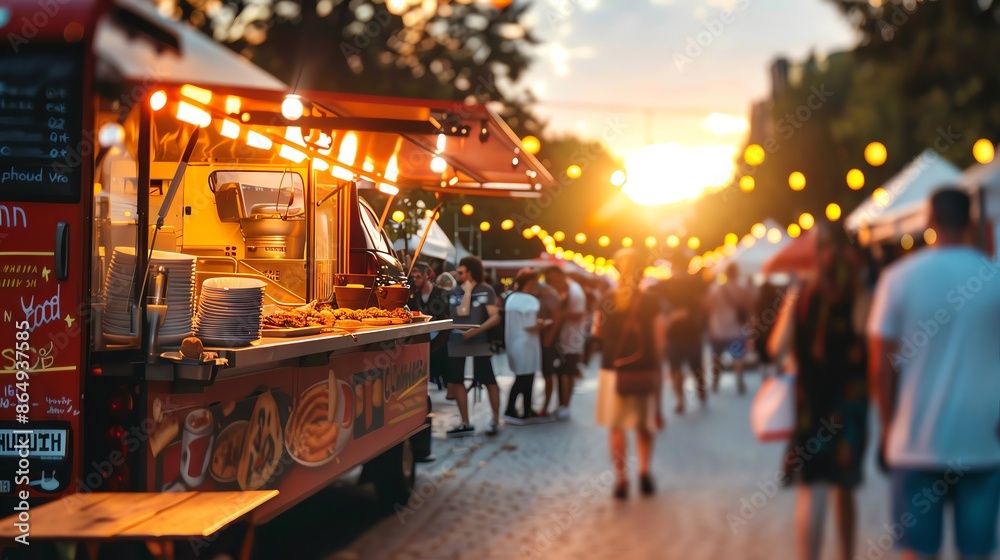 A vibrant food truck festival at sunset with strings of lights creating a warm ambiance, bustling with people enjoying the evening. A vibrant food truck festival at sunset with strings of lights creating a warm ambiance, bustling with people enjoying the evening.
