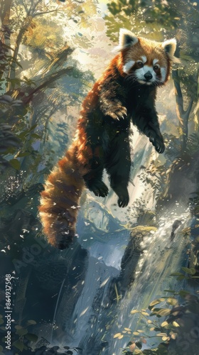 A whimsical depiction of a red panda gracefully leaping amidst a verdant forest backdrop, capturing the essence of its natural habitat. photo