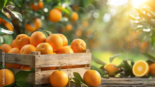 Fresh oranges in a wooden crate, basking in sunlight with green leaves in a lush orchard, depicting a harvest and nature-themed composition.