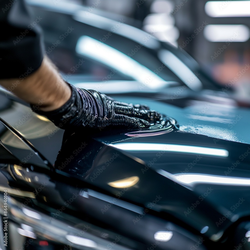 Obraz premium Meticulous Hand Cleaning and Polishing Shiny New Automotive Vehicle with Cloth, Car wrapping specialist putting vinyl foil or film on the car, Worker in protective gloves polishing a car