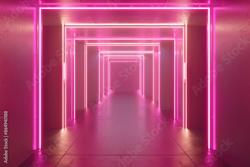 a hallway with pink lights
