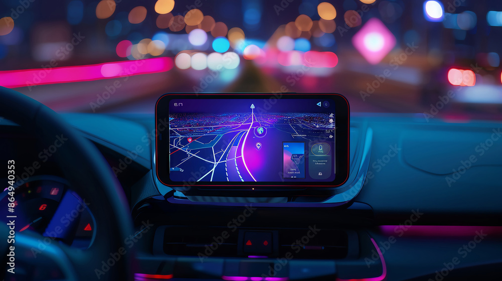 Obraz premium empty screen blank display of car dashboard smartphone mobile holder using navigation gps maps system concept with HUD and hologram screens and infotainment app user interface wide