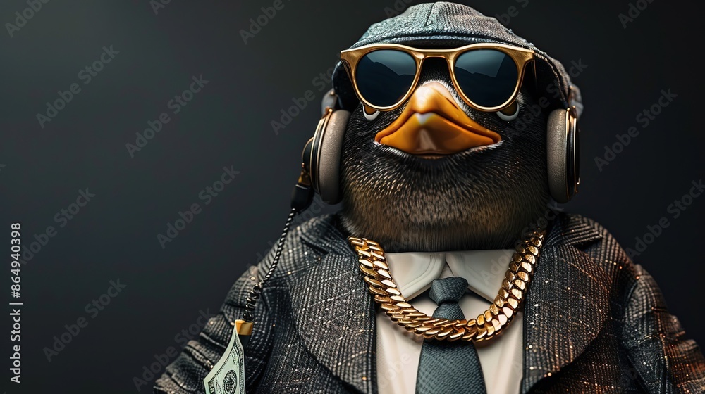 Cool rich gangster boss penguin with business suit and tie, sunglasses, hat, headphones, gold chain and money dollars Cool rich gangster boss penguin with business suit and tie, sunglasses, hat, headphones, gold chain and money dollars