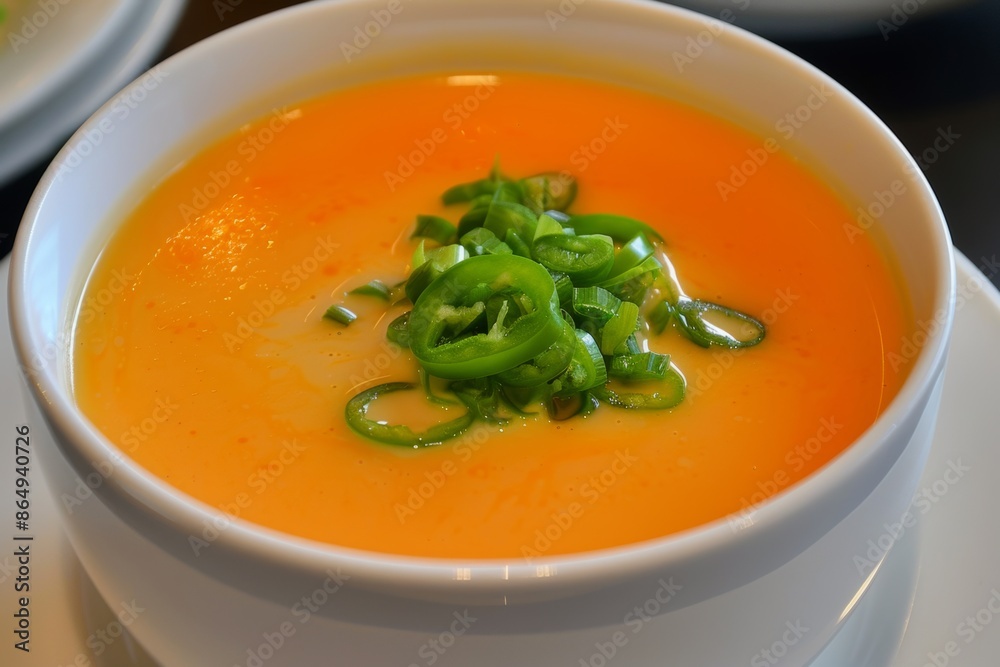 Creamy pumpkin soup with fresh green jalapenos Creamy pumpkin soup with fresh green jalapenos