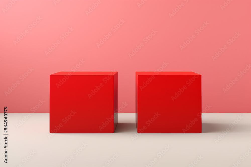 Geometric Red Cubes Against Pink Wall, Bold Minimalist Design with Vibrant Colors Geometric Red Cubes Against Pink Wall, Bold Minimalist Design with Vibrant Colors