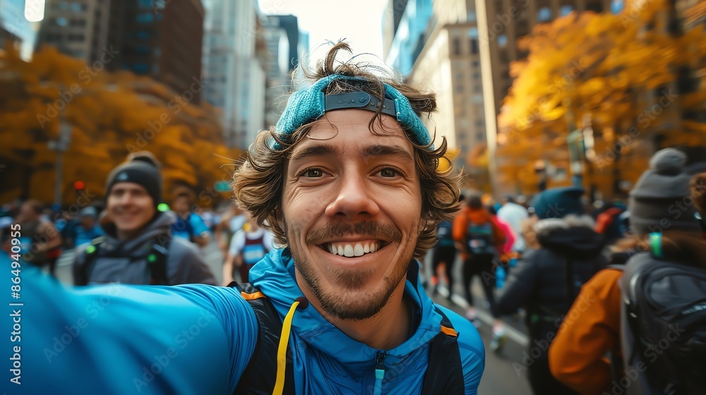 Smiling runner takes a selfie amidst a marathon event in the city, surrounded by autumnal trees and fellow participants. Smiling runner takes a selfie amidst a marathon event in the city, surrounded by autumnal trees and fellow participants.