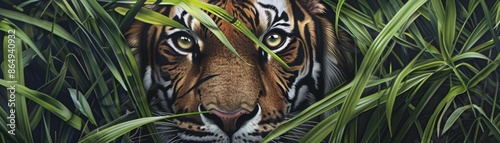 Close-up of a majestic tiger hiding in tall grass, showcasing its striking eyes and vibrant fur in a natural jungle setting.