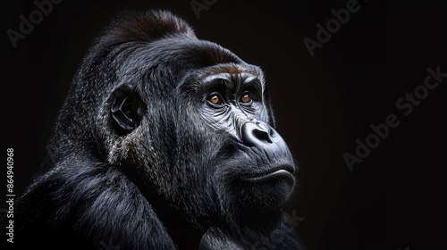 A close-up of a gorilla's face shows its expressive eyes and strong features against a black background