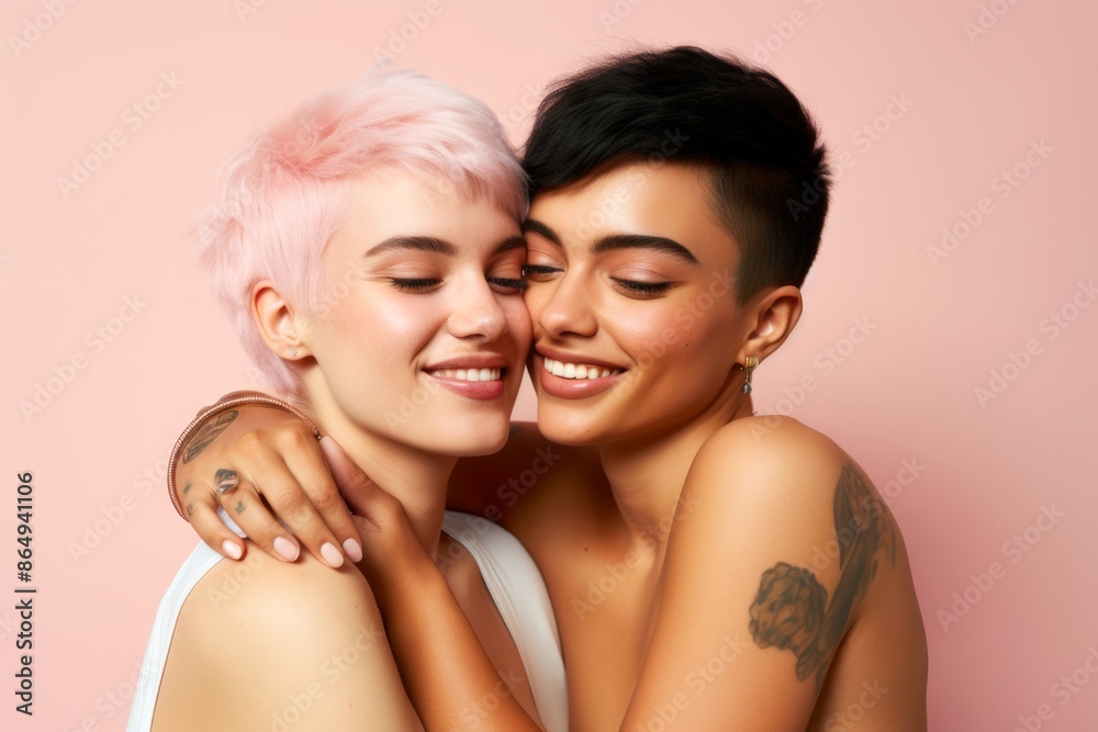The lesbian couple, age 18, Hispanic, with arms around each other, first love, pastel pink background The lesbian couple, age 18, Hispanic, with arms around each other, first love, pastel pink background