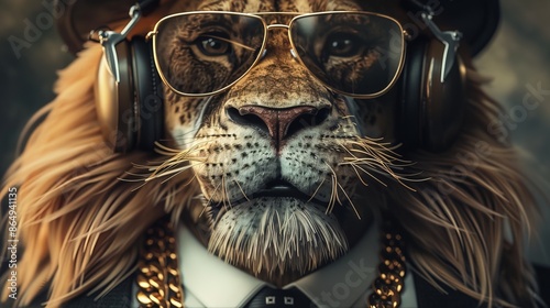 Cool rich gangster boss lion with business suit and tie, sunglasses, hat, headphones, gold chain and money dollars  photo