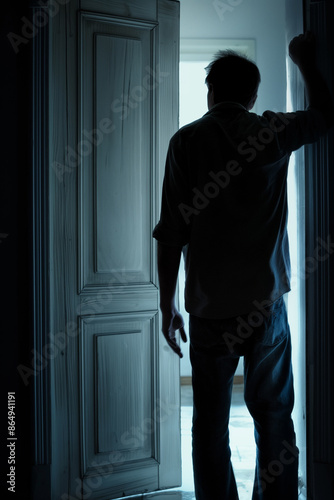 A man stands in front of a darkly lit door. Heartbroken, hopeless, sad and weak. Back view.