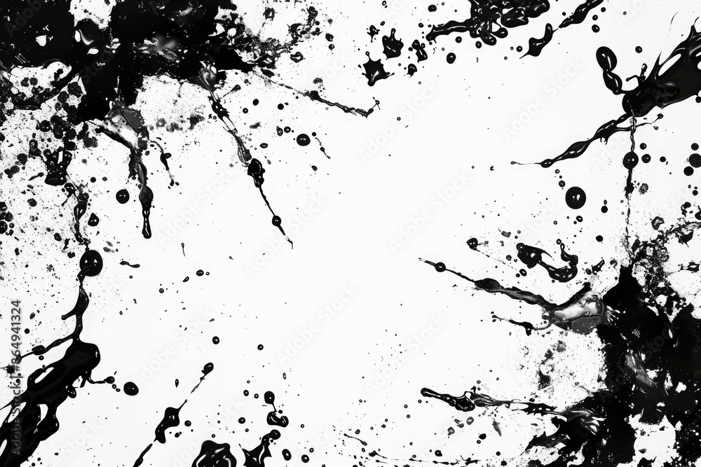 A close-up shot of random ink splatters in black and white A close-up shot of random ink splatters in black and white