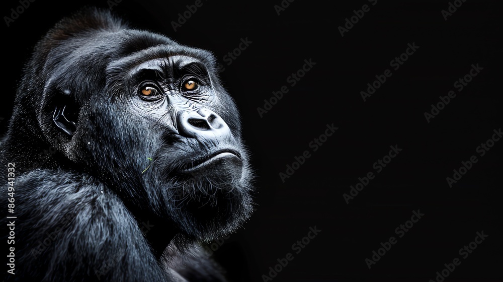 Obraz premium A close-up of a gorilla's face shows its expressive eyes and strong features against a black background