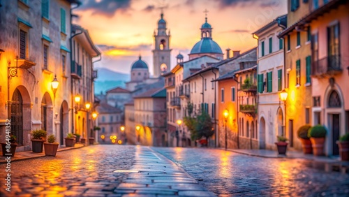 ethereal italian cityscape at twilight cobblestone streets and historic architecture blurred into dreamy pastel hues soft focus creates romantic atmosphere perfect for overlaying text or designs © Yauhen