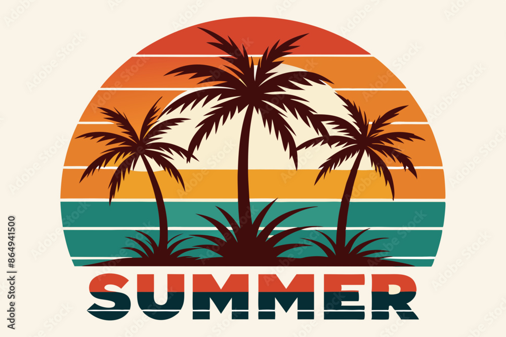 Naklejka premium Summer t-shirt design. Retro and vintage summer vibes t-shirt design with palm tree, sea beach, and sunset vector illustration