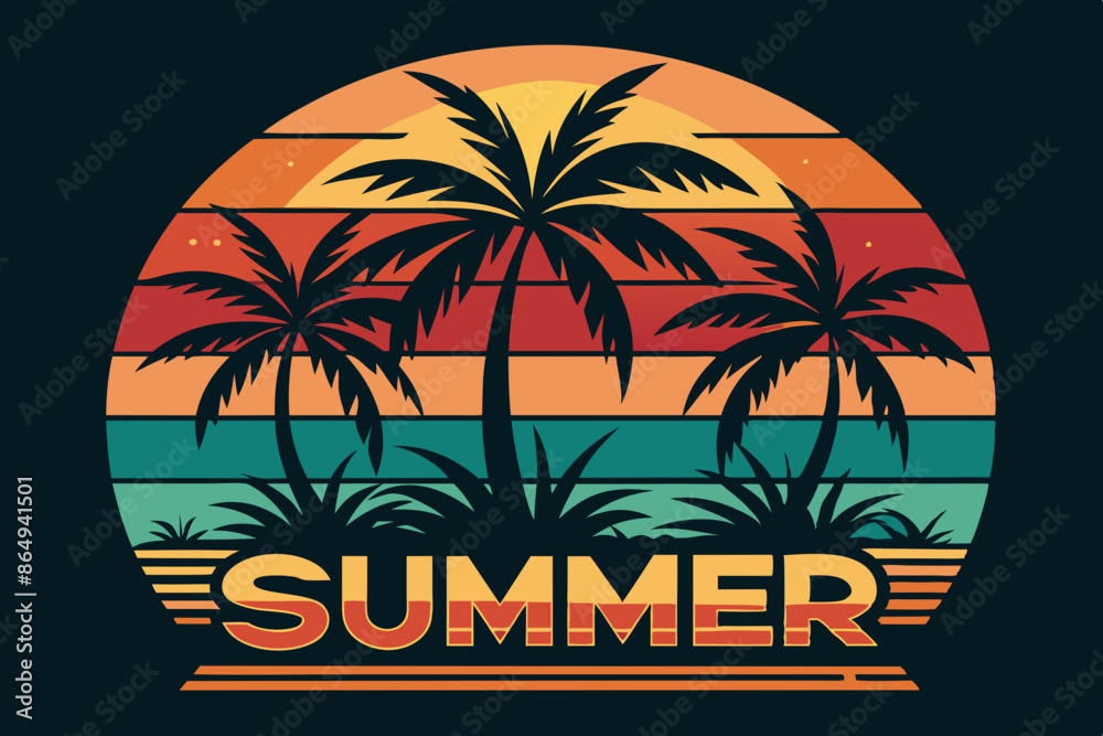 Obraz premium Summer t-shirt design. Retro and vintage summer vibes t-shirt design with palm tree, sea beach, and sunset vector illustration