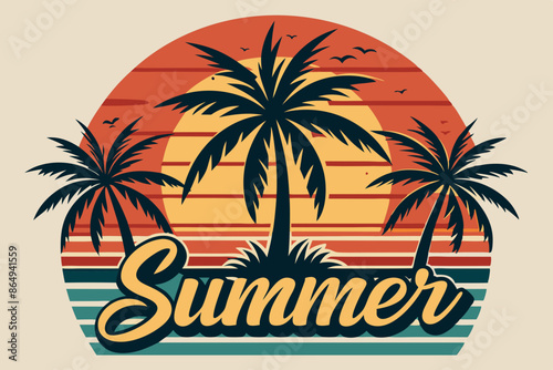Wallpaper Mural Summer t-shirt design. Retro and vintage summer vibes t-shirt design with palm tree, sea beach, and sunset vector illustration Torontodigital.ca