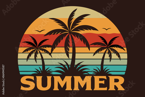 Wallpaper Mural Summer t-shirt design. Retro and vintage summer vibes t-shirt design with palm tree, sea beach, and sunset vector illustration Torontodigital.ca