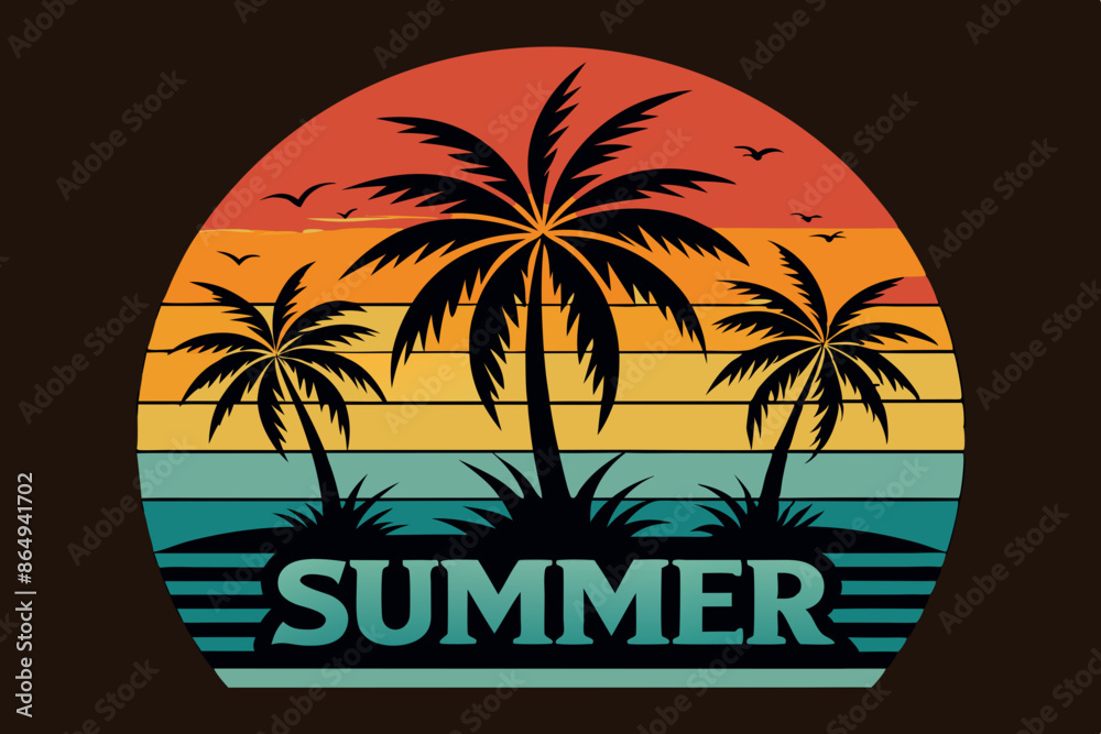 custom made wallpaper toronto digitalSummer t-shirt design. Retro and vintage summer vibes t-shirt design with palm tree, sea beach, and sunset vector illustration