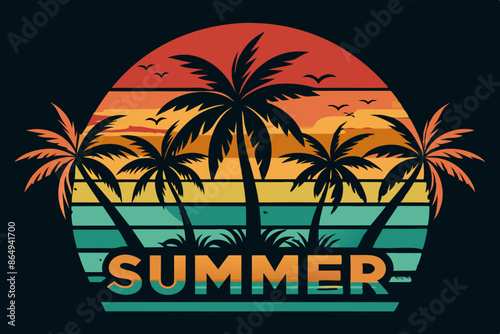 Wallpaper Mural Summer t-shirt design. Retro and vintage summer vibes t-shirt design with palm tree, sea beach, and sunset vector illustration Torontodigital.ca