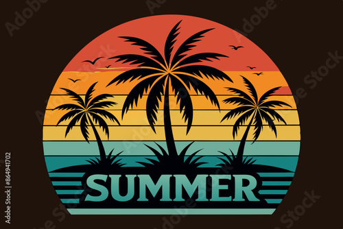 Wallpaper Mural Summer t-shirt design. Retro and vintage summer vibes t-shirt design with palm tree, sea beach, and sunset vector illustration Torontodigital.ca