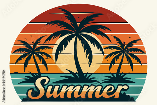 Wallpaper Mural Summer t-shirt design. Retro and vintage summer vibes t-shirt design with palm tree, sea beach, and sunset vector illustration Torontodigital.ca