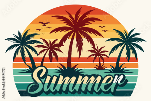 Wallpaper Mural Summer t-shirt design. Retro and vintage summer vibes t-shirt design with palm tree, sea beach, and sunset vector illustration Torontodigital.ca