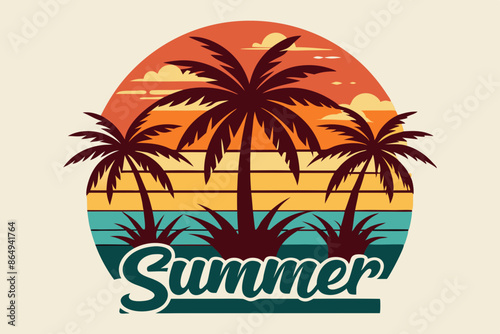 Wallpaper Mural Summer t-shirt design. Retro and vintage summer vibes t-shirt design with palm tree, sea beach, and sunset vector illustration Torontodigital.ca