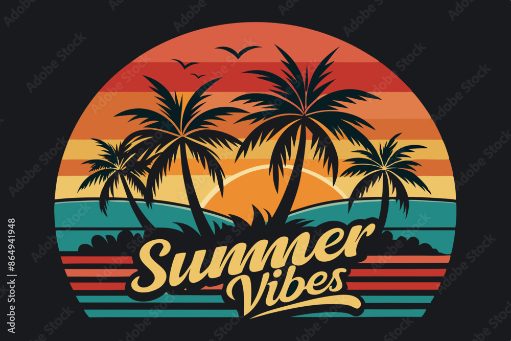 Summer t-shirt design. Retro and vintage summer vibes t-shirt design with palm tree, sea beach, and sunset vector illustration