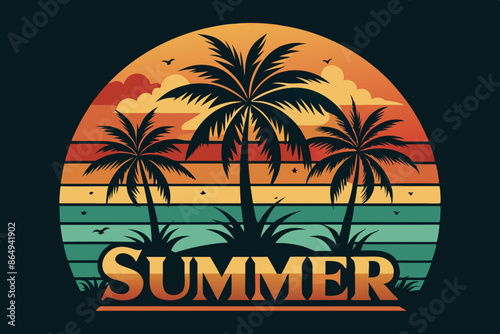 Wallpaper Mural Summer t-shirt design. Retro and vintage summer vibes t-shirt design with palm tree, sea beach, and sunset vector illustration Torontodigital.ca