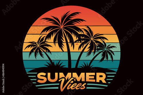 Wallpaper Mural Summer t-shirt design. Retro and vintage summer vibes t-shirt design with palm tree, sea beach, and sunset vector illustration Torontodigital.ca