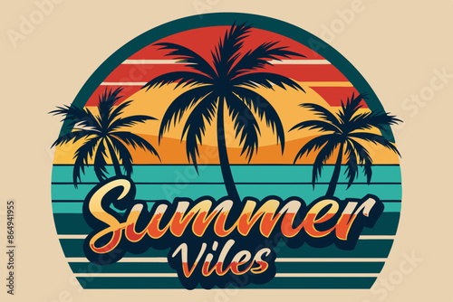 Wallpaper Mural Summer t-shirt design. Retro and vintage summer vibes t-shirt design with palm tree, sea beach, and sunset vector illustration Torontodigital.ca