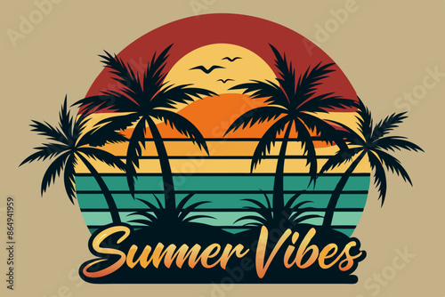 Wallpaper Mural Summer t-shirt design. Retro and vintage summer vibes t-shirt design with palm tree, sea beach, and sunset vector illustration Torontodigital.ca