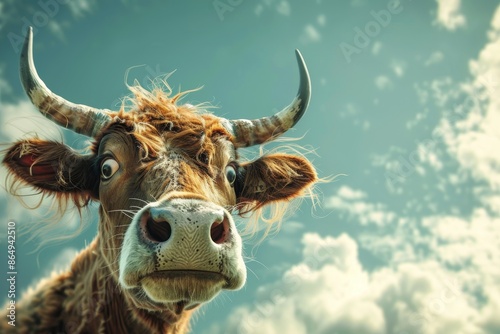 A cow with exceptionally long horns captured up close, A surreal cow with exaggerated features, such as oversized horns or exaggerated eyes