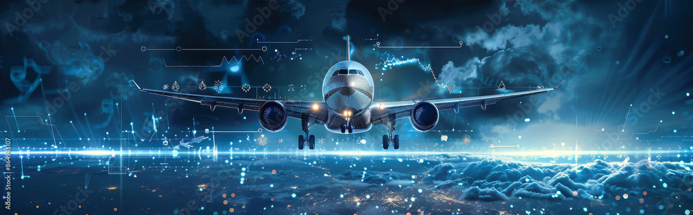 A futuristic airplane takes flight amidst a digital landscape, illuminated by vibrant blue hues and ethereal lights A futuristic airplane takes flight amidst a digital landscape, illuminated by vibrant blue hues and ethereal lights