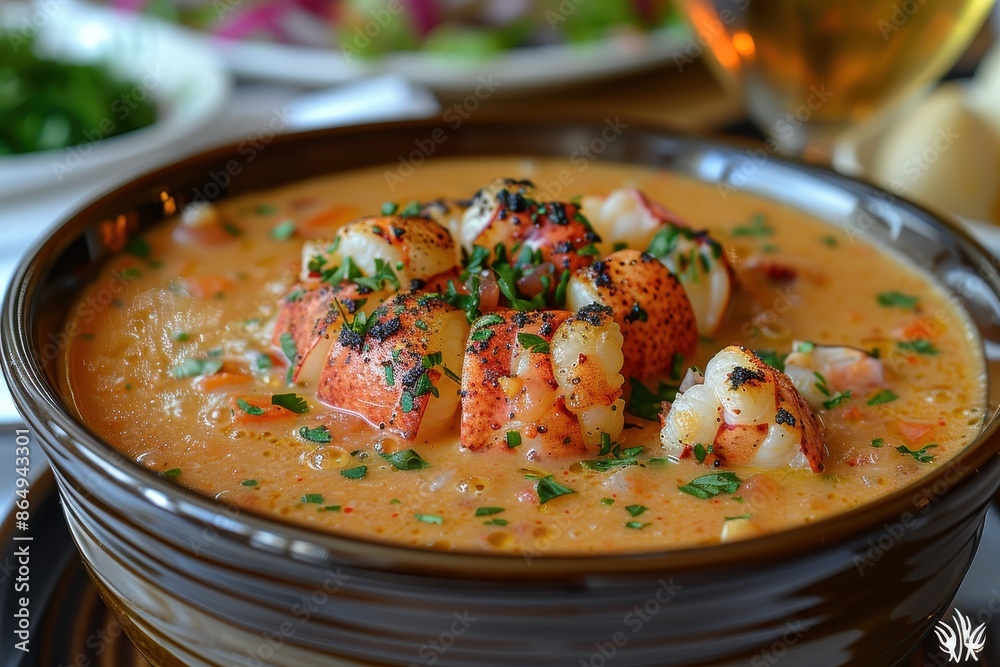 A rich and creamy lobster bisque, garnished with chunks of lobster meat and a drizzle of truffle oil, served in a fine china bowl. A rich and creamy lobster bisque, garnished with chunks of lobster meat and a drizzle of truffle oil, served in a fine china bowl.