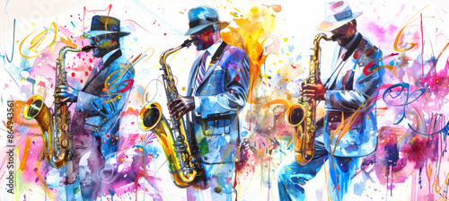 Panel kuchenny z motywem Three jazz musicians are depicted in a vibrant watercolor painting, each playing a saxophone with passion and intensity