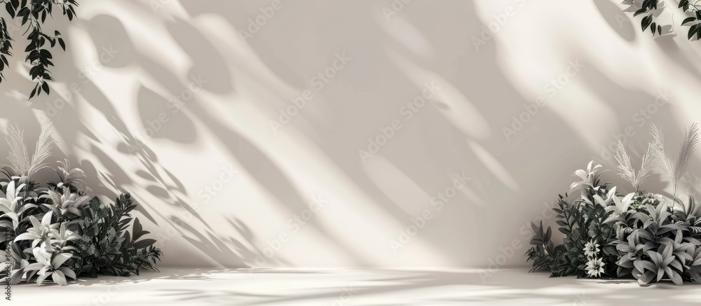 Simplified botanical backdrop with space for text. Neutral themed setting for showcasing new products, promoting sales, presenting packaging, cosmetics, or merchandise. Play of light and dark. Simplified botanical backdrop with space for text. Neutral themed setting for showcasing new products, promoting sales, presenting packaging, cosmetics, or merchandise. Play of light and dark.